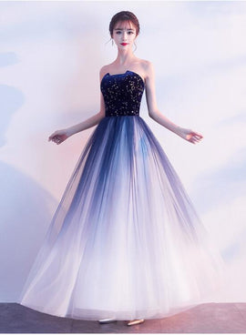 Blue Gradient Tulle Simple A-line Party Dress, Blue Gradient Formal Dress Evening Dress