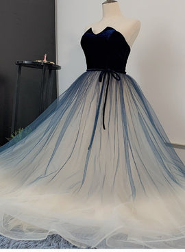 Unique Navy Blue Gradient Tulle with Velvet Top Prom Dress, Tulle Long Party Dress Formal Dress