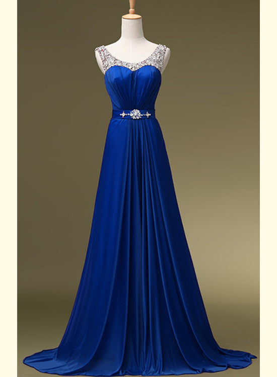 Charming Blue Sequins Round Neckline Bridesmaid Dress, A-line Long Prom Dress