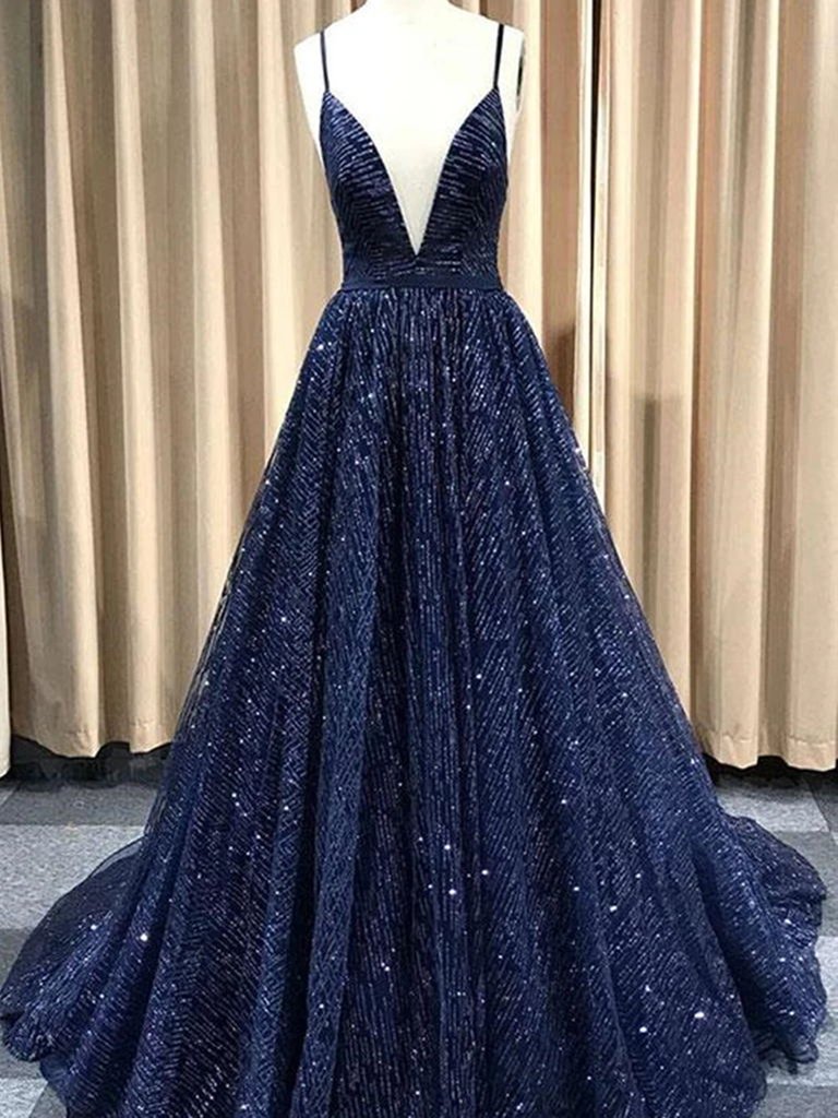 A Line V Neck Navy Blue Shiny Long Prom Dresses, Charming Blue Tulle Party Dress Evening Dress