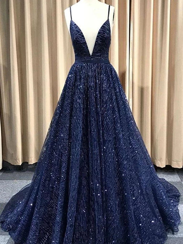 A Line V Neck Navy Blue Shiny Long Prom Dresses, Charming Blue Tulle P Cutedressy A Line V Neck Navy Blue Shiny Long Prom Dresses, Charming Blue Tulle P Cutedressy
