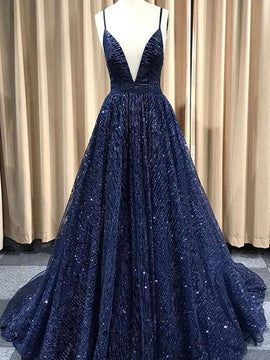 A Line V Neck Navy Blue Shiny Long Prom Dresses, Charming Blue Tulle Party Dress Evening Dress