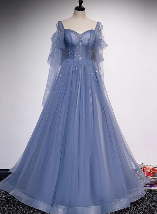 Blue Tulle Long Sleeves Beaded Princess Formal Dress, Blue Evening Gown