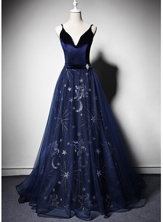 Beautiful Navy Blue Straps Velvet Long Prom Dress, Tulle Blue Evening – Cutedressy