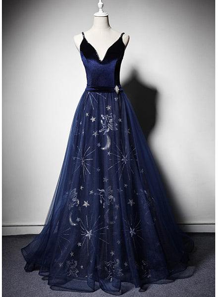 Beautiful Navy Blue Straps Velvet Long Prom Dress, Tulle Blue Evening 