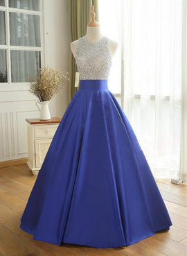 Royal Blue Satin Sequins Top Ball Gown Prom Dress, Blue PartyDress Long Formal Dress