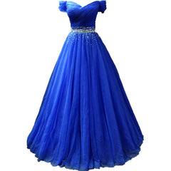Blue Off Shoulder Beaded Sweetheart Party Dress, Blue Prom Dress Evening Gown