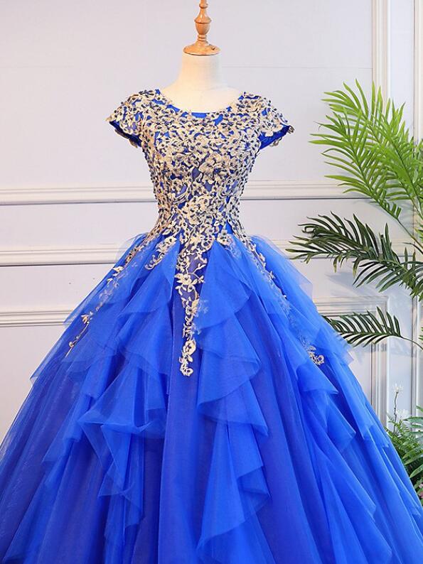 Royal Blue Cap Sleeves Long Ball Gown Party Dress, Blue Prom Dress 2021