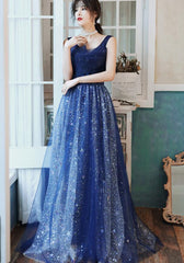 Charming Navy Blue Long Party Dress with Sequins, Blue Evening Gown Prom Dress