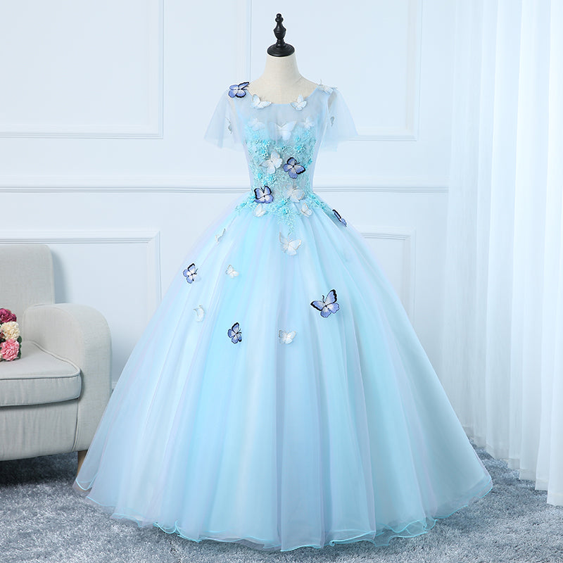 Beautiful Light Blue Tulle Long Prom Dress, Ball Gown Blue Sweet 16 Dresses