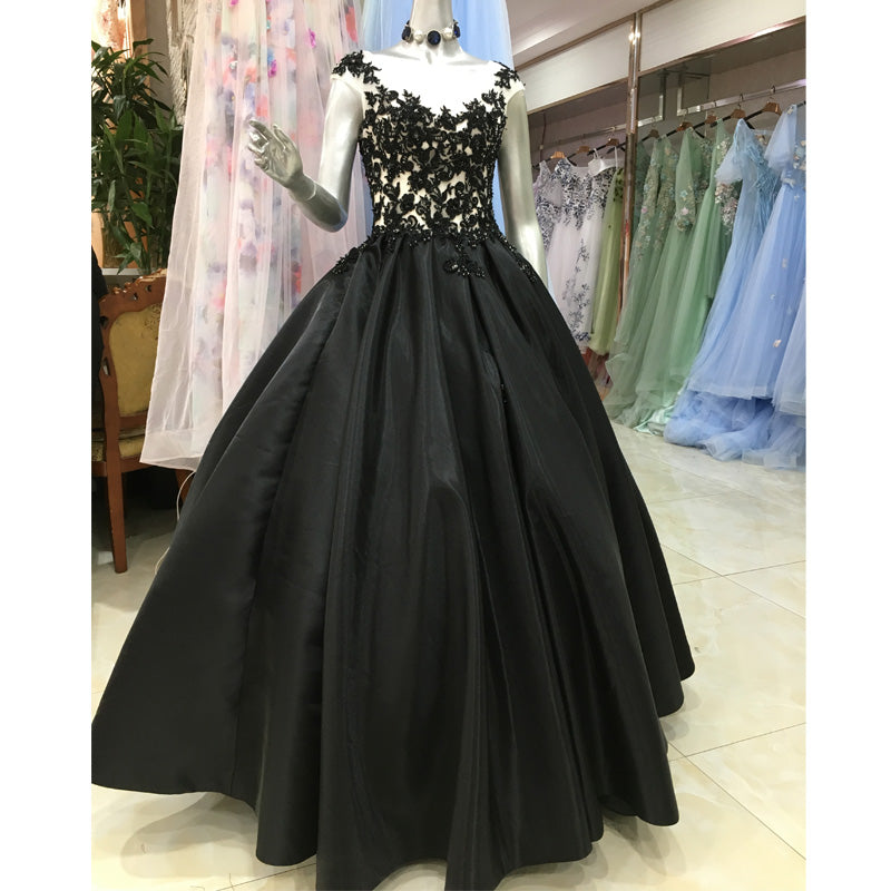 High Quality Satin with Lace Applique Round Neckline Formal Gown, Blac ...
