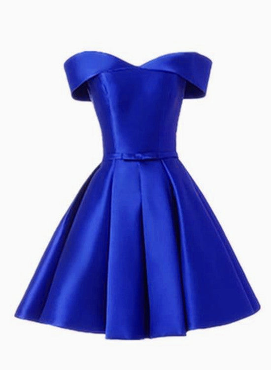 Simple Satin Off Shoulder Short Party Dress, Blue Homecoming Dress Prom Dress
