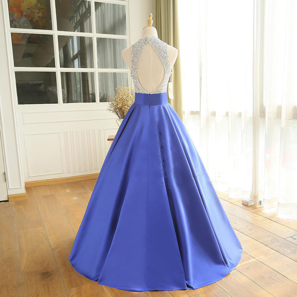 Royal Blue Satin Sequins Top Ball Gown Prom Dress, Blue PartyDress Long Formal Dress