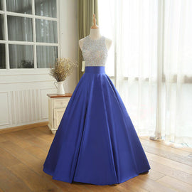 Royal Blue Satin Sequins Top Ball Gown Prom Dress, Blue PartyDress Long Formal Dress