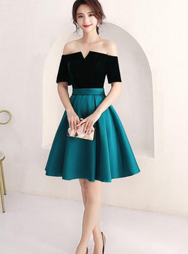 Short Green and Black Off Shoulder Wedding Party Dress, Dark Green Bridesmaid Dress