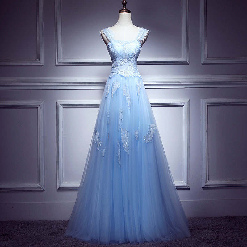 Lovely Light Blue Lace Applique Tulle Prom Dress, Blue Junior Party Dr Cutedressy Lovely Light Blue Lace Applique Tulle Prom Dress, Blue Junior Party Dr Cutedressy