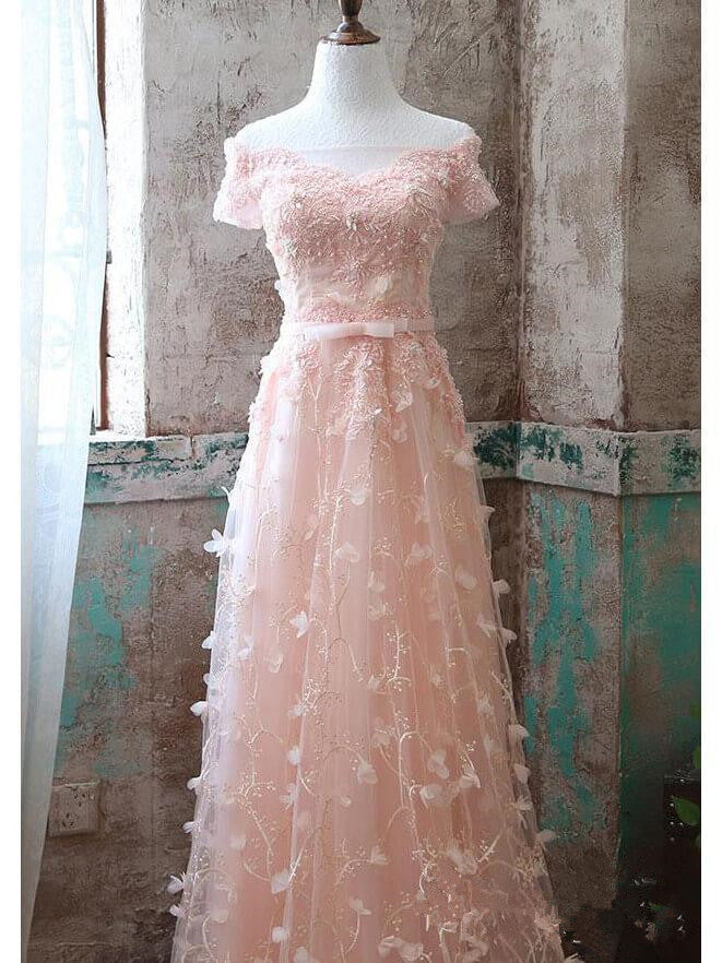 Pearl Pink Lace Off Shoulder Elegant Long Prom Dress, Floral Lace A-line Bridesmaid Dress