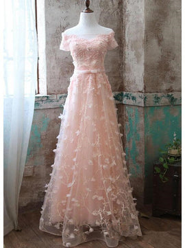 Pearl Pink Lace Off Shoulder Elegant Long Prom Dress, Floral Lace A-line Bridesmaid Dress