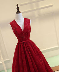Dark Red Lace Long Formal Gown, V-neckline Party Dress, Prom Dresses