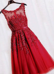Red Tea Length Round Homecoming Dresses, Lace Applique Red Party Dress, Vintage Style Prom Dress