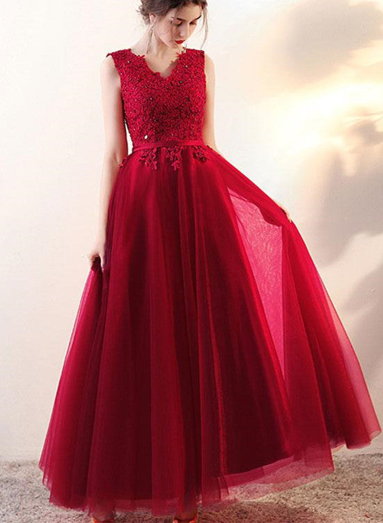 Wine Red Tulle and Lace Applique Party Dress, Cute Handmade Formal Dress, Prom Dress