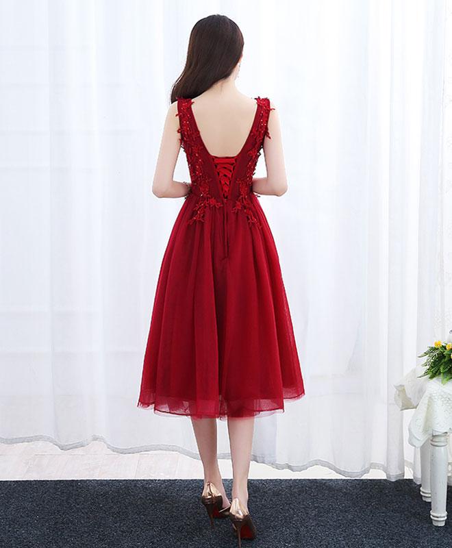 Wine Red Vintage Tea Length Homecoming Dresses, Charming Tulle V-neckline Party Dresses