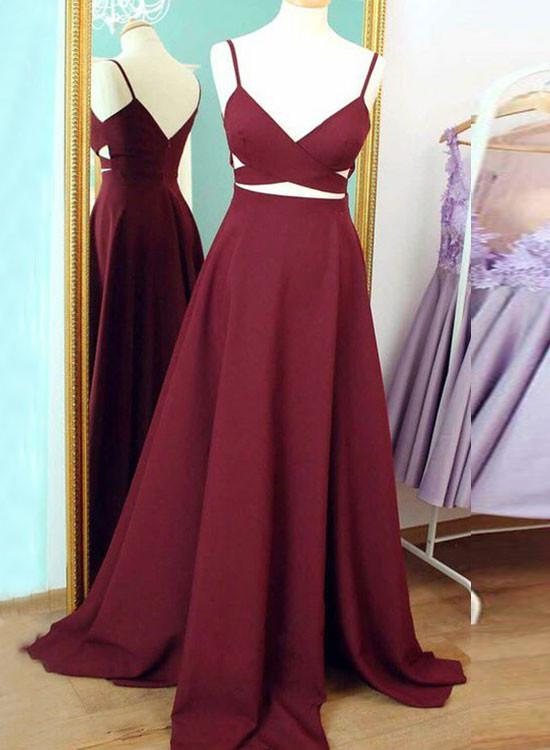 Burgundy V-neckline Straps Prom Dresses , Charming Party Dresses, Formal Dresses