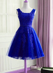 Royal Blue Lace Applique Tulle Knee Length Homecoming Dress, Charming Short Prom Dress