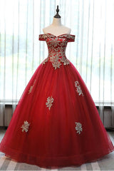 Beautiful Red Off Shoulder Long Sweet 16 Dress with Gold Lace Top, Party Dresses