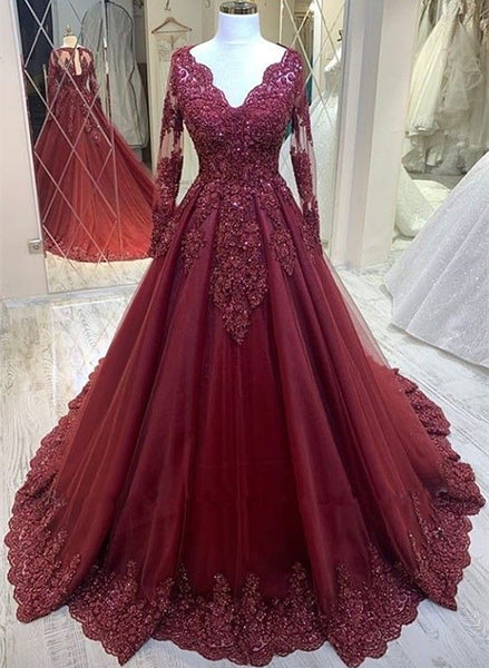 Burgundy V-neckline Tulle Long Sleeves with Lace Prom Dress, Burgundy – Cutedressy