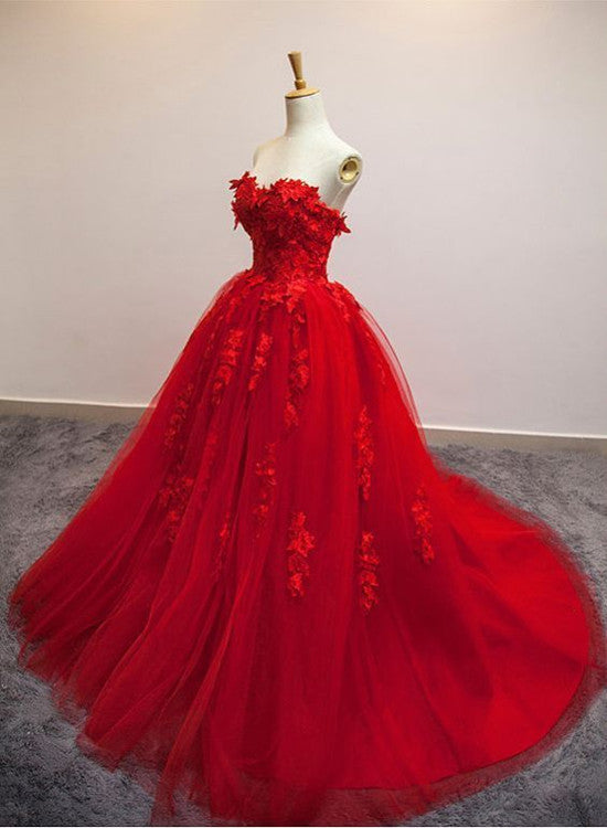 Red Gorgeous Floor Length Gowns, Handmade Floral Lace Applique Party Dresses, Prom Dresses