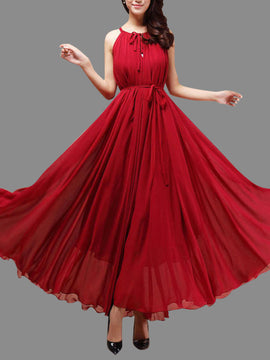 Wine Red Chiffon Halter Floor Length Party Dress, Handmade Formal Dress, Party Dress
