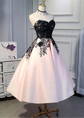 Cute Pearl Pink Tea Length Satin with Lace Applique Party Dress, Homecoming Dress