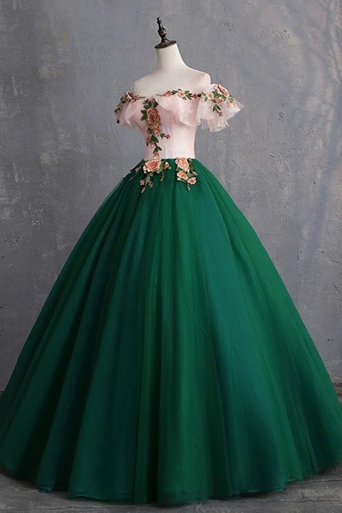 Green Puffy Tulle with Pink Floral Top Evening Dress Party Dress, Green Off Shoulder Prom Dress