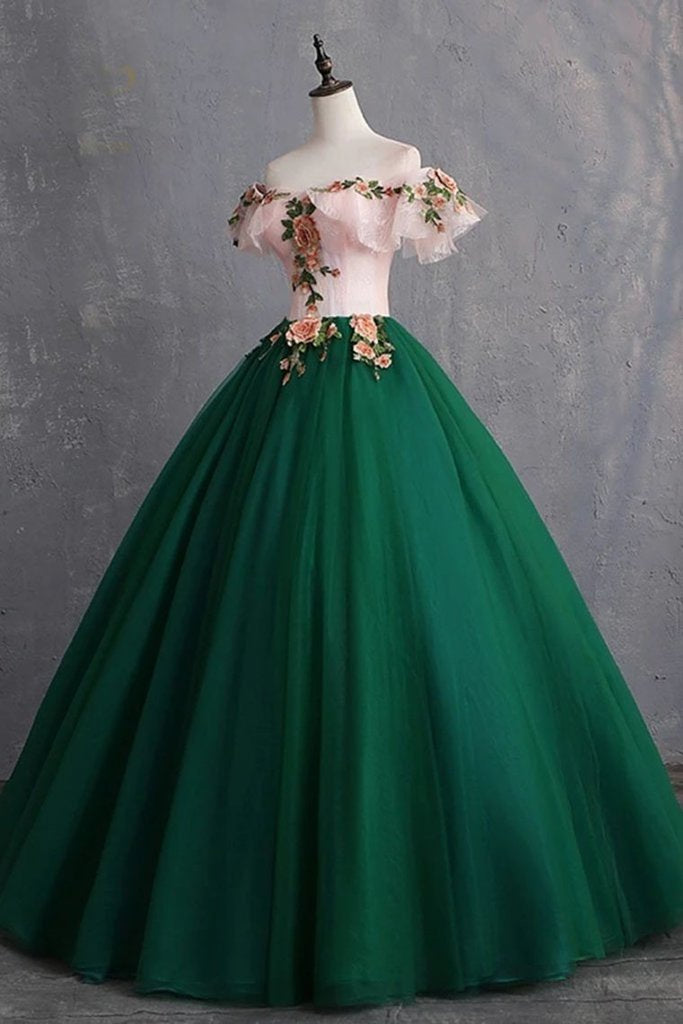 Green Puffy Tulle with Pink Floral Top Evening Dress Party Dress, Green Off Shoulder Prom Dress Green Puffy Tulle with Pink Floral Top Evening Dress Party Dress, Green Off Shoulder Prom Dress