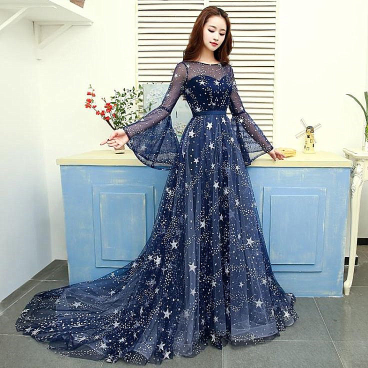 Navy Blue Tulle Puffy Sleeves Long A-line Prom Dress, Navy Blue Formal Cutedressy Navy Blue Tulle Puffy Sleeves Long A-line Prom Dress, Navy Blue Formal Cutedressy