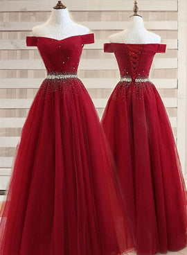 Burgundy Off Shoulder Prom Dress , Beaded Junior Prom Dresses