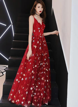 Red Tulle Sweetheart Straps Long Low Back Prom Dress, Red Evening Dress Party Dress