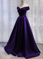 Simple Off Shoulder Satin Long Prom Dress, Dark Purple Party Dress Evening Gown
