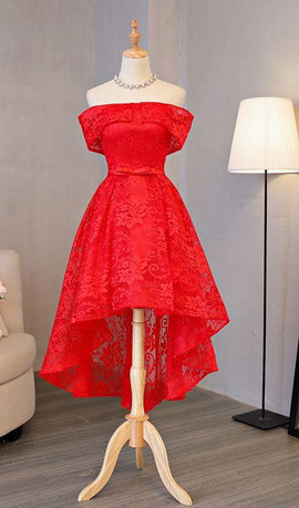 Beautiful Red Lace High Low Off Shoulder Wedding Party Dress, Red Homecoming Dress