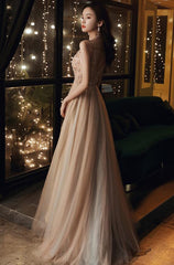 Champagne Beaded V-neckline Spaghetti Strap Tulle Evening Gown, A-line Prom Dress