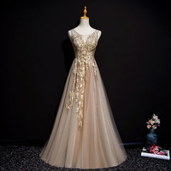 Champagne Tulle V-neckline Long Lace Prom Dress, A-line Formal Gown Party Dress