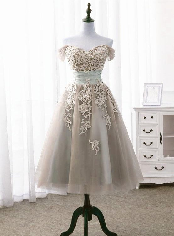 Light Champagne Vintage Style Tea Length Off Shoulder Party Dress, Bridesmaid Dress