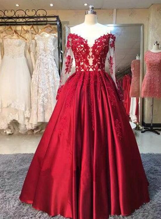 Red Off Shoulder Sweetheart Satin and Applique Elegant Prom Dresses, Red Party Gowns, Formal Dresses
