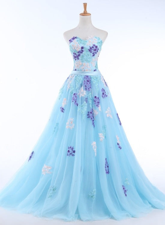 Light Blue Tulle Sweetheart Long Party Dress, Blue A-line Formal Dress with Lace Applique