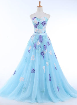Light Blue Tulle Sweetheart Long Party Dress, Blue A-line Formal Dress with Lace Applique