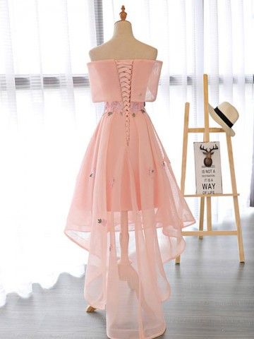Pink Cute High Low Off Shoulder Homecoming Dress with Flowers, Short Prom Dress