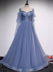 Blue Tulle Beaded Sweetheart Unique Long Prom Dress, Blue Evening Dress Formal Dress