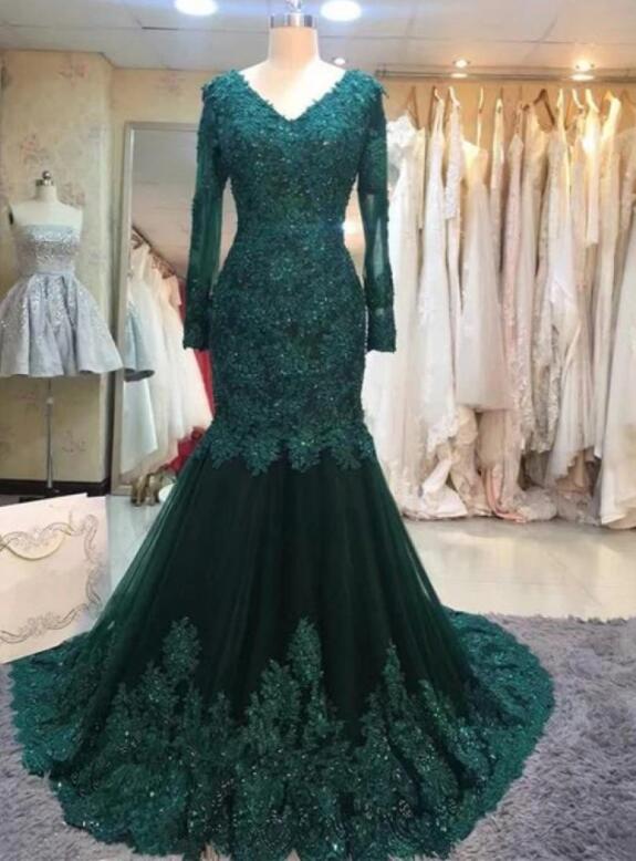 Dark Green Long Sleeves Lace Mermaid Formal Dress, Long Prom Dresses 