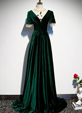 Dark Green Velvet Short Sleeves A-line Bridesmaid Dress, Long Prom Dress Evening Dress